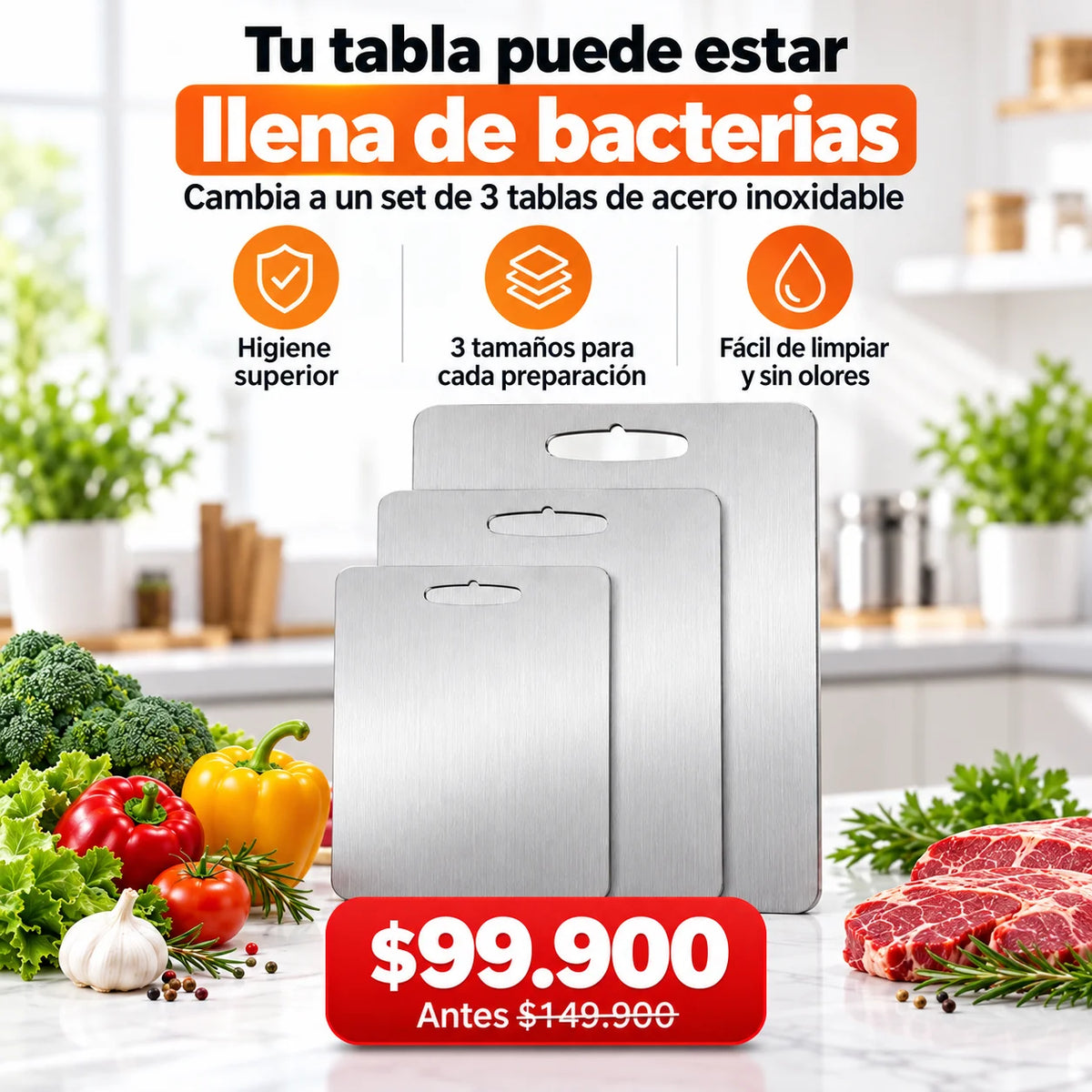 SET X3 TABLAS DE PICAR EN ACERO INOXIDABLE